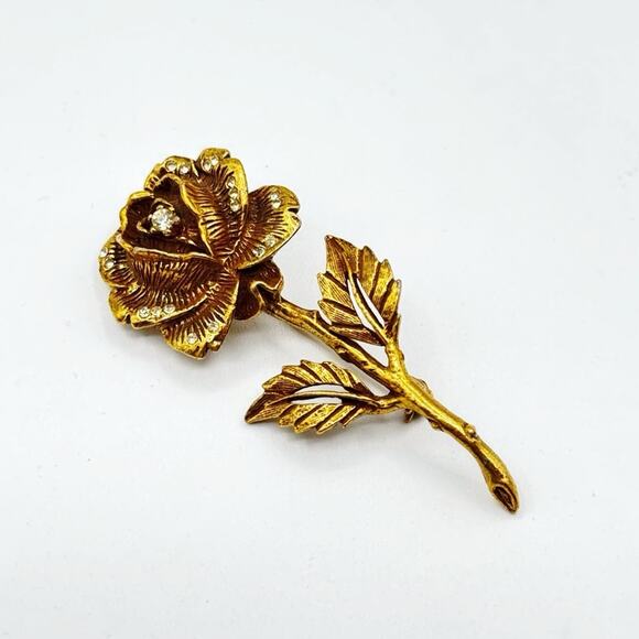 Goldette Antiqued Gold Tone Metal Rose Flower Rhinestone Pin Brooch Estate - Picture 1 of 7